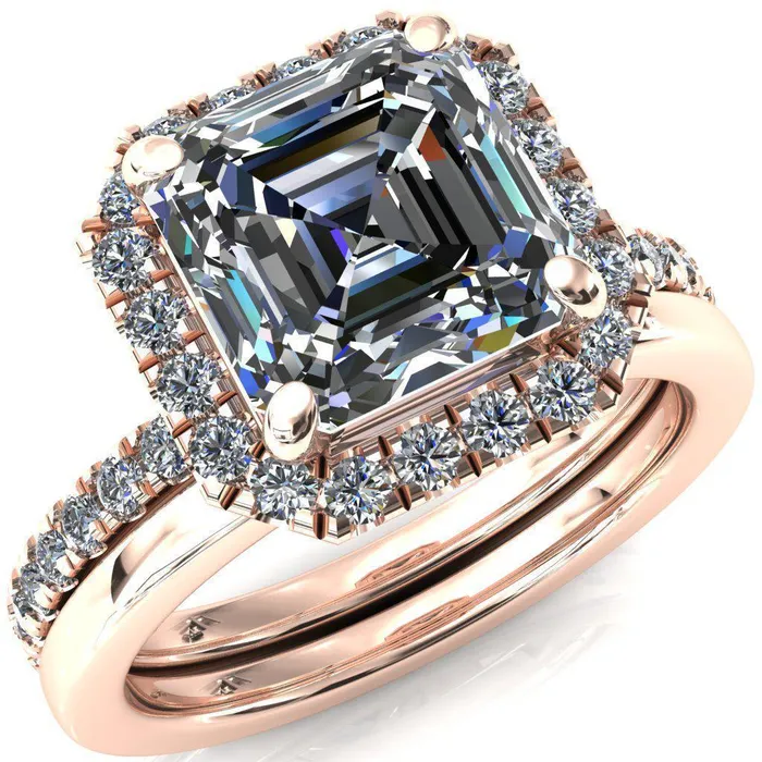 Talia Asscher Moissanite 4 Prong Halo 58 Micropave Ring Fire Brilliance Rings