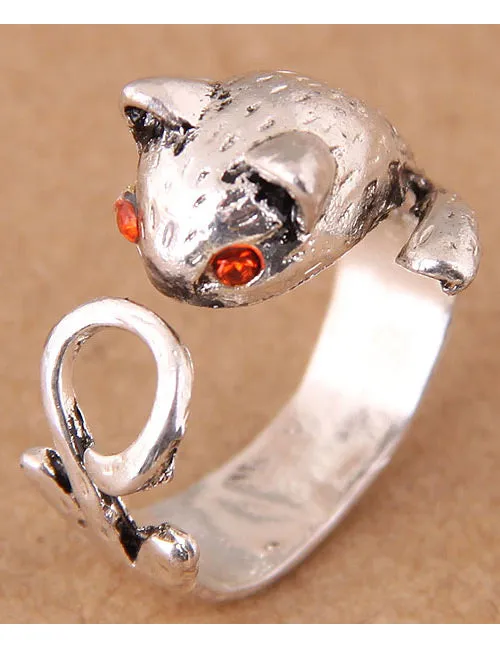 TR04 Silver Cat Orange Rhinestone Eyes Toe Ring 02 Rings