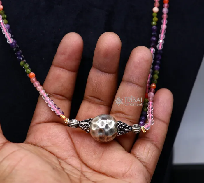 Trendy Indian traditional cultural multicolor stone beaded 925 sterling silver ball pendant necklace choker tribal ethnic jewelry set613 TRIBAL ORNAMENTS Necklaces Trendy Indian traditional cultural multicolor stone beaded 925 sterling silver ball pendant necklace choker tribal ethnic jewelry set613 TRIBAL ORNAMENTS Necklaces