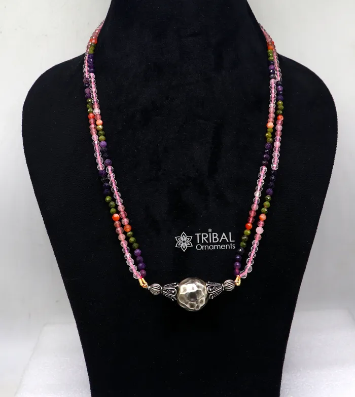 Trendy Indian traditional cultural multicolor stone beaded 925 sterling silver ball pendant necklace choker tribal ethnic jewelry set613 TRIBAL ORNAMENTS Necklaces Trendy Indian traditional cultural multicolor stone beaded 925 sterling silver ball pendant necklace choker tribal ethnic jewelry set613 TRIBAL ORNAMENTS Necklaces
