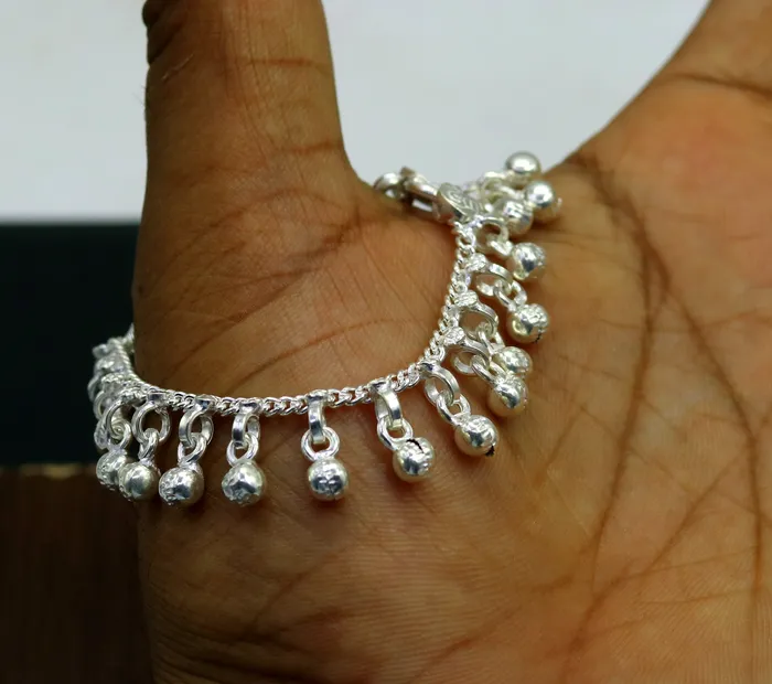 TRIBAL ORNAMENTS 57 Sterling silver handmade amazing silver ankle bracelet baby anklet noisy sound charm jewelry from Rajasthan India ank204 Bracelets