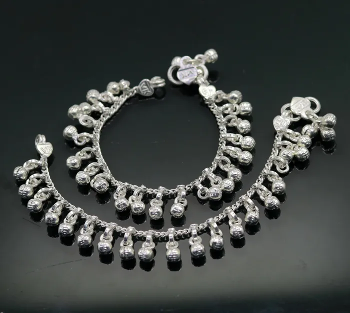TRIBAL ORNAMENTS 57 Sterling silver handmade amazing silver ankle bracelet baby anklet noisy sound charm jewelry from Rajasthan India ank204 Bracelets