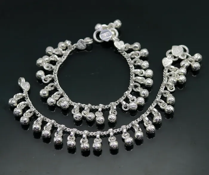 TRIBAL ORNAMENTS 57 Sterling silver handmade amazing silver ankle bracelet baby anklet noisy sound charm jewelry from Rajasthan India ank204 Bracelets