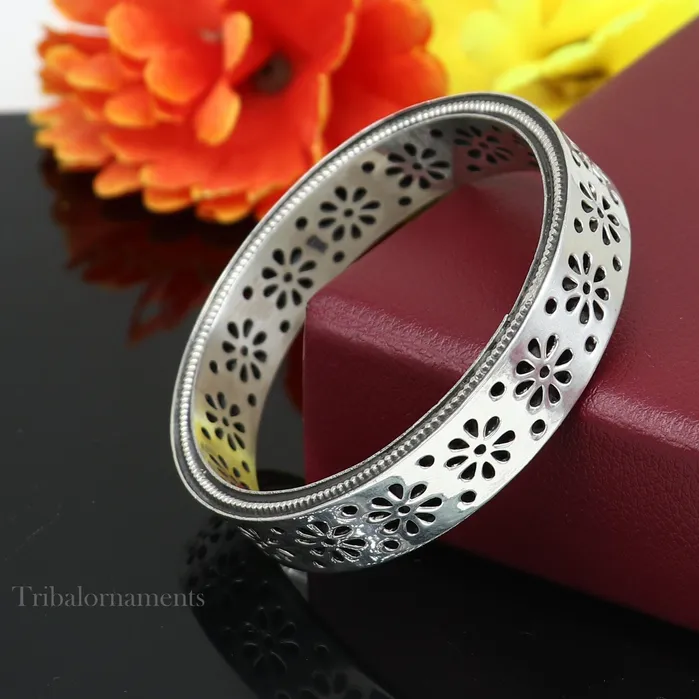 TRIBAL ORNAMENTS Bracelets 925 sterling silver handmade floral work bangle bracelet vintage antique design stylish brides bangle wide elegant bangle jewelry ba115