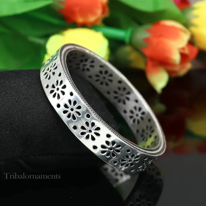TRIBAL ORNAMENTS Bracelets 925 sterling silver handmade floral work bangle bracelet vintage antique design stylish brides bangle wide elegant bangle jewelry ba115