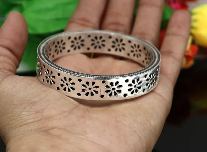 TRIBAL ORNAMENTS Bracelets 925 sterling silver handmade floral work bangle bracelet vintage antique design stylish brides bangle wide elegant bangle jewelry ba115
