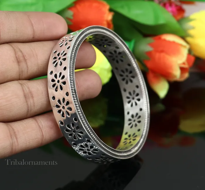 TRIBAL ORNAMENTS Bracelets 925 sterling silver handmade floral work bangle bracelet vintage antique design stylish brides bangle wide elegant bangle jewelry ba115