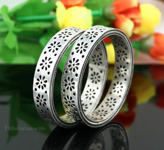 TRIBAL ORNAMENTS Bracelets 925 sterling silver handmade floral work bangle bracelet vintage antique design stylish brides bangle wide elegant bangle jewelry ba115