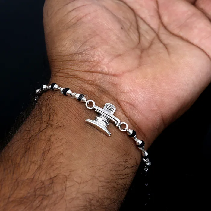 TRIBAL ORNAMENTS Bracelets 925 sterling silver handmade Lord shiva lingam shivling holy basil rosary beads Rakhi bracelet black Tulsi beaded bracelet rk393