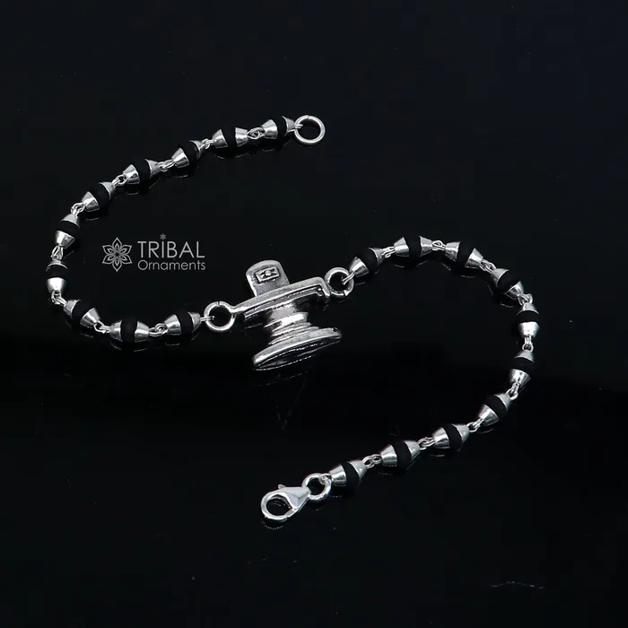 TRIBAL ORNAMENTS Bracelets 925 sterling silver handmade Lord shiva lingam shivling holy basil rosary beads Rakhi bracelet black Tulsi beaded bracelet rk393