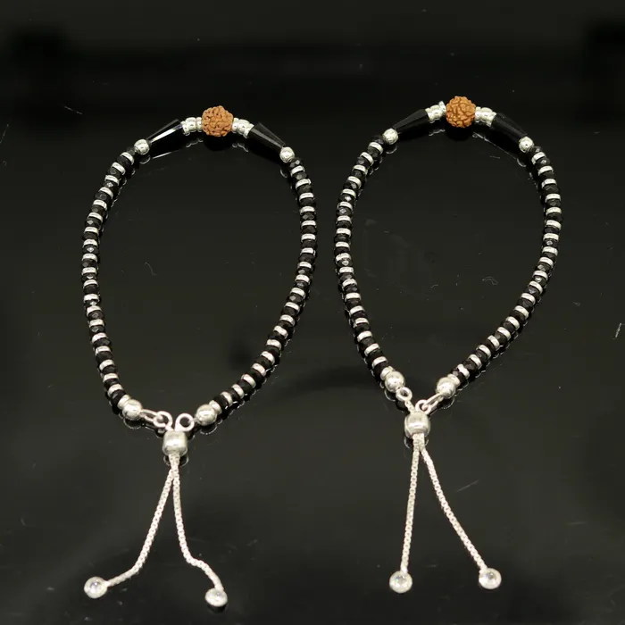 TRIBAL ORNAMENTS Bracelets 925 sterling silver handmade silver Rudraksh and black beads bracelet pretty charm bracelet customized beaded jewelry for girls sbr175