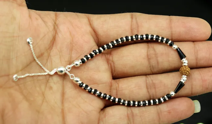 TRIBAL ORNAMENTS Bracelets 925 sterling silver handmade silver Rudraksh and black beads bracelet pretty charm bracelet customized beaded jewelry for girls sbr175