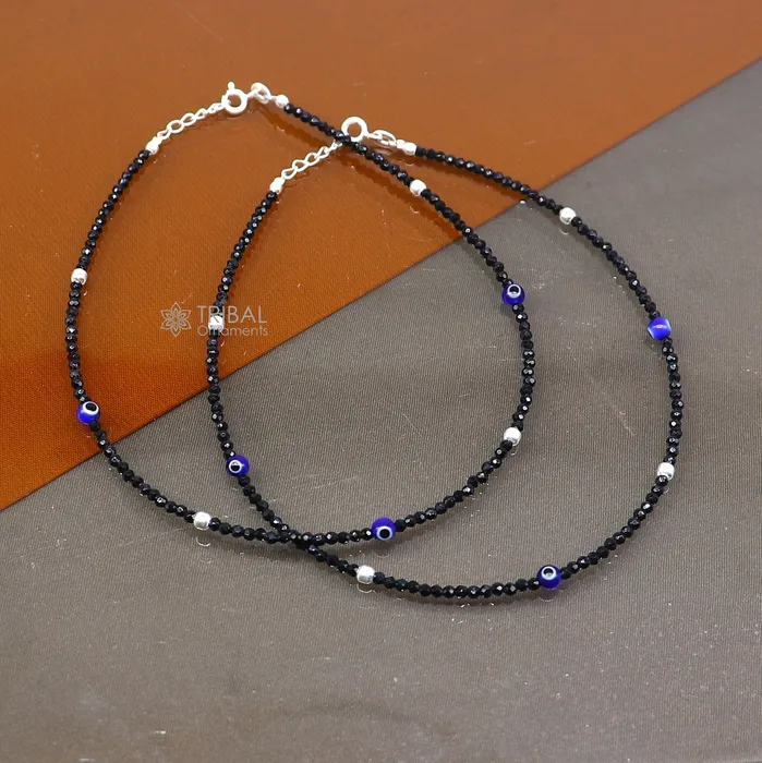 TRIBAL ORNAMENTS Bracelets 925 sterling silver single chain evil eye black beaded anklet bracelet amazing light weight delicate anklets silver jewelry ank657 TRIBAL ORNAMENTS Bracelets 925 sterling silver single chain evil eye black beaded anklet bracelet amazing light weight delicate anklets silver jewelry ank657