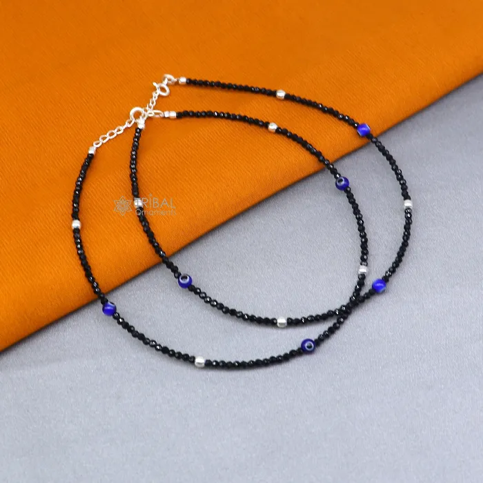 TRIBAL ORNAMENTS Bracelets 925 sterling silver single chain evil eye black beaded anklet bracelet amazing light weight delicate anklets silver jewelry ank657