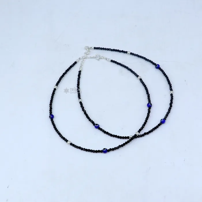 TRIBAL ORNAMENTS Bracelets 925 sterling silver single chain evil eye black beaded anklet bracelet amazing light weight delicate anklets silver jewelry ank657