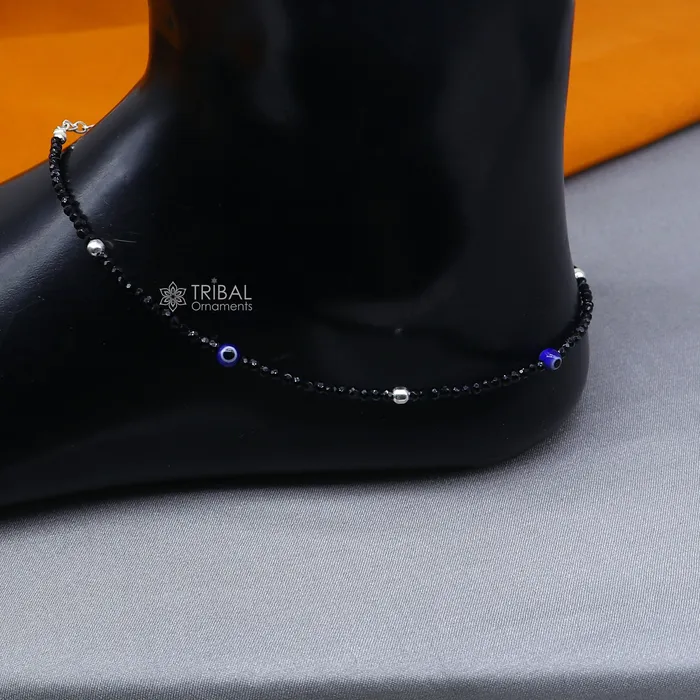 TRIBAL ORNAMENTS Bracelets 925 sterling silver single chain evil eye black beaded anklet bracelet amazing light weight delicate anklets silver jewelry ank657