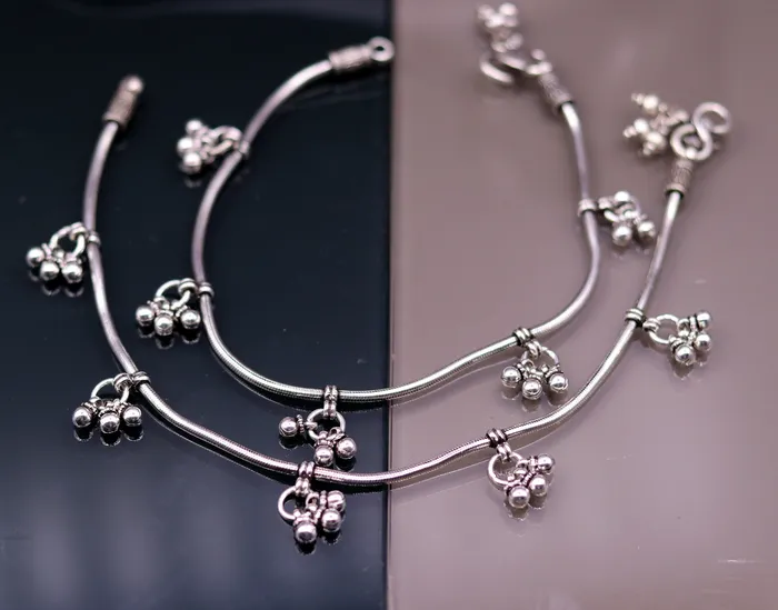 TRIBAL ORNAMENTS Bracelets 925 Sterling silver vintage handmade antique design stylish anklet foot bracelet hanging bells tribal belly dance charm ankle jewelry ank120