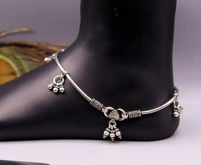 TRIBAL ORNAMENTS Bracelets 925 Sterling silver vintage handmade antique design stylish anklet foot bracelet hanging bells tribal belly dance charm ankle jewelry ank120