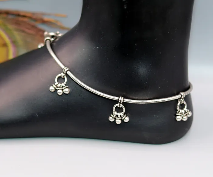 TRIBAL ORNAMENTS Bracelets 925 Sterling silver vintage handmade antique design stylish anklet foot bracelet hanging bells tribal belly dance charm ankle jewelry ank120