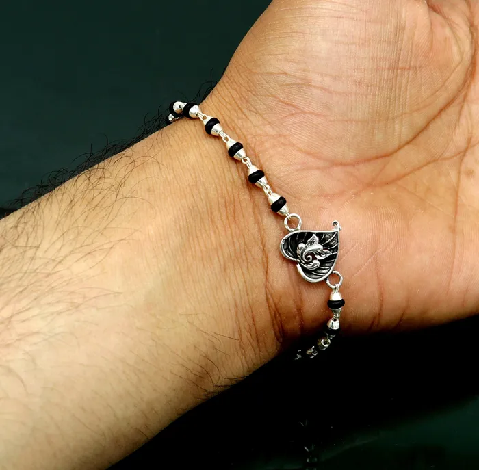TRIBAL ORNAMENTS Bracelets Pure 925 sterling silver Ganesha design tulsi beaded Rakhi Bracelet special personalized Rakshabandhan gift for brother rk013 TRIBAL ORNAMENTS Bracelets Pure 925 sterling silver Ganesha design tulsi beaded Rakhi Bracelet special personalized Rakshabandhan gift for brother rk013