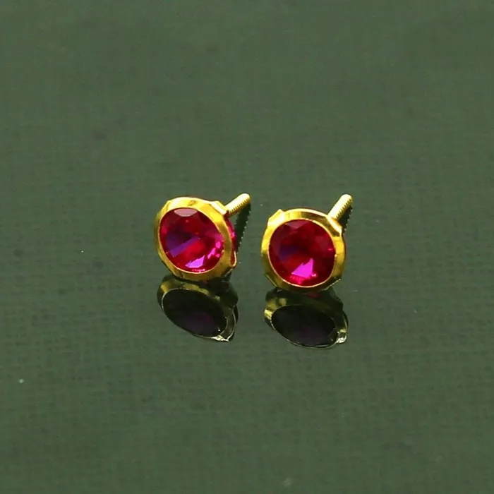 TRIBAL ORNAMENTS Earrings 4mm 18k yellow gold handmade fabulous red cubic zircon stone excellent antique vintage design stud earrings pair unisex jewelry er114
