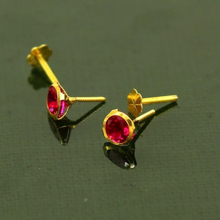 TRIBAL ORNAMENTS Earrings 4mm 18k yellow gold handmade fabulous red cubic zircon stone excellent antique vintage design stud earrings pair unisex jewelry er114