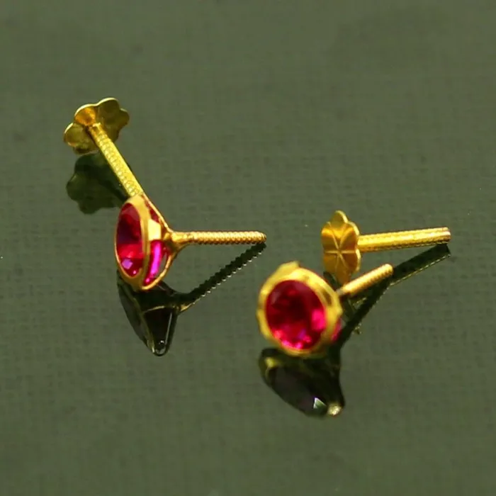 TRIBAL ORNAMENTS Earrings 4mm 18k yellow gold handmade fabulous red cubic zircon stone excellent antique vintage design stud earrings pair unisex jewelry er114