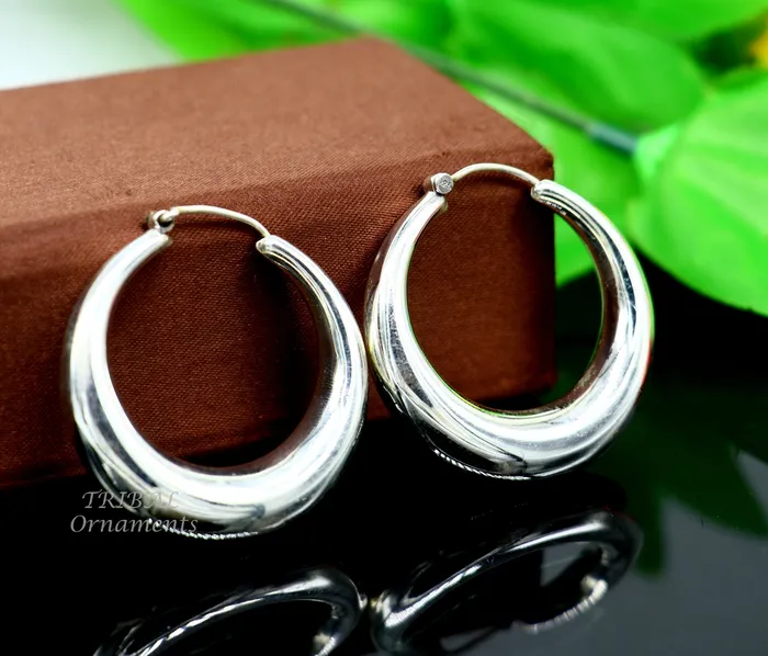 TRIBAL ORNAMENTS Earrings 925 sterling silver handmade fabulous plain shining hoops earrings kundal unisex tribal belly dance ethnic jewelry from india s1066