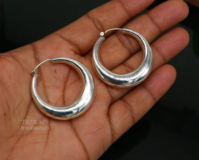 TRIBAL ORNAMENTS Earrings 925 sterling silver handmade fabulous plain shining hoops earrings kundal unisex tribal belly dance ethnic jewelry from india s1066