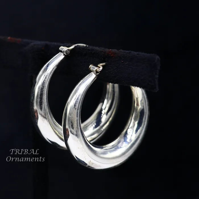 TRIBAL ORNAMENTS Earrings 925 sterling silver handmade fabulous plain shining hoops earrings kundal unisex tribal belly dance ethnic jewelry from india s1066