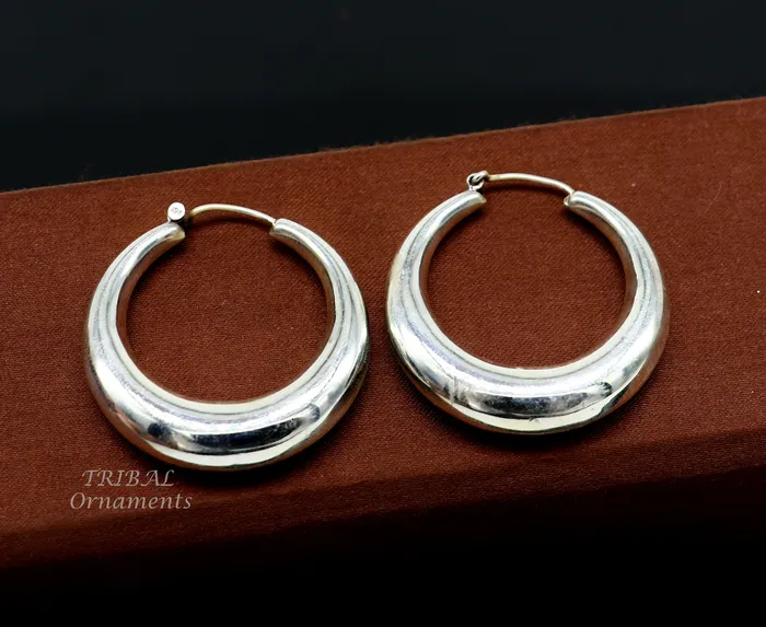 TRIBAL ORNAMENTS Earrings 925 sterling silver handmade fabulous plain shining hoops earrings kundal unisex tribal belly dance ethnic jewelry from india s1066