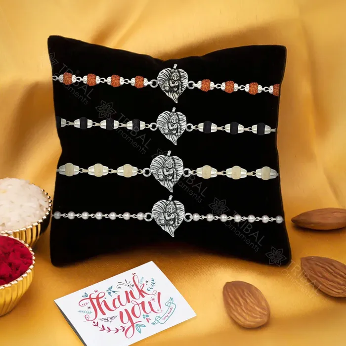 TRIBAL ORNAMENTS Lord Krishna fabulous design 925 sterling silver Rakhi bracelet in rudrakshblack basilwhite basil and silver beaded chain rk274 Bracelets TRIBAL ORNAMENTS Lord Krishna fabulous design 925 sterling silver Rakhi bracelet in rudrakshblack basilwhite basil and silver beaded chain rk274 Bracelets