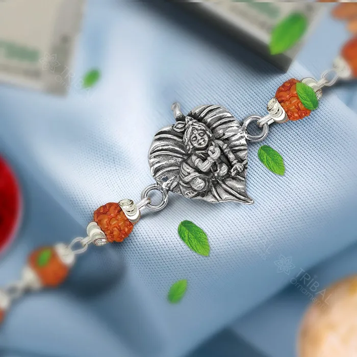 TRIBAL ORNAMENTS Lord Krishna fabulous design 925 sterling silver Rakhi bracelet in rudrakshblack basilwhite basil and silver beaded chain rk274 Bracelets TRIBAL ORNAMENTS Lord Krishna fabulous design 925 sterling silver Rakhi bracelet in rudrakshblack basilwhite basil and silver beaded chain rk274 Bracelets