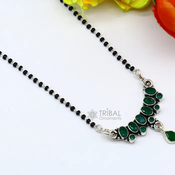 TRIBAL ORNAMENTS Necklaces 925 sterling silver black beads chain mangal sutra necklace for daily use brides Mangalsutra chunky necklace green stone pendant ms52 TRIBAL ORNAMENTS Necklaces 925 sterling silver black beads chain mangal sutra necklace for daily use brides Mangalsutra chunky necklace green stone pendant ms52