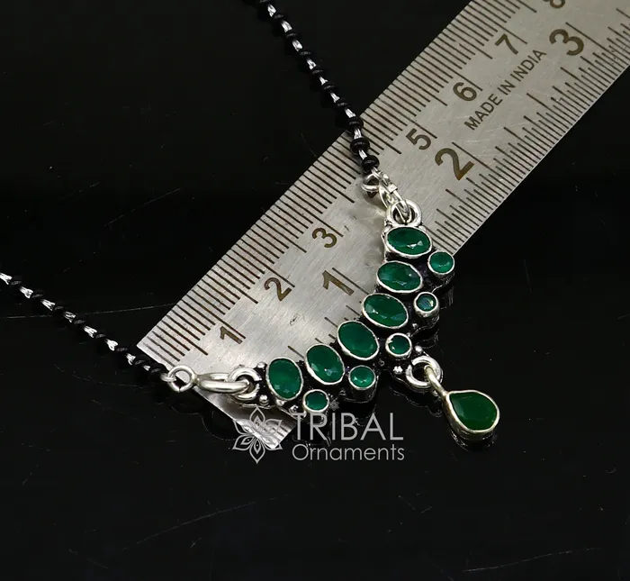 TRIBAL ORNAMENTS Necklaces 925 sterling silver black beads chain mangal sutra necklace for daily use brides Mangalsutra chunky necklace green stone pendant ms52 TRIBAL ORNAMENTS Necklaces 925 sterling silver black beads chain mangal sutra necklace for daily use brides Mangalsutra chunky necklace green stone pendant ms52