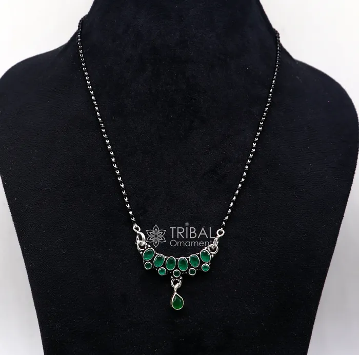 TRIBAL ORNAMENTS Necklaces 925 sterling silver black beads chain mangal sutra necklace for daily use brides Mangalsutra chunky necklace green stone pendant ms52 TRIBAL ORNAMENTS Necklaces 925 sterling silver black beads chain mangal sutra necklace for daily use brides Mangalsutra chunky necklace green stone pendant ms52