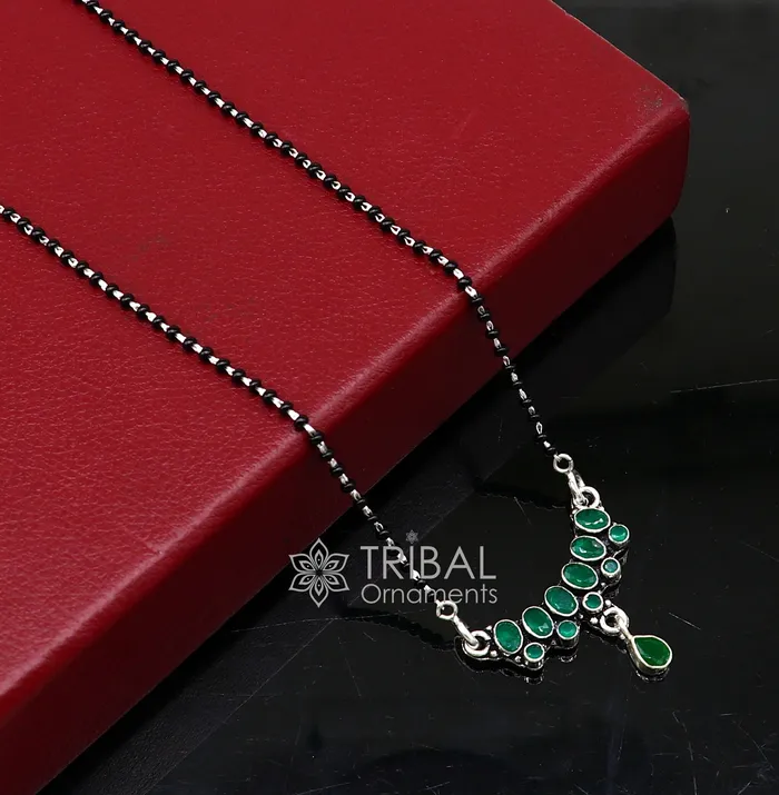 TRIBAL ORNAMENTS Necklaces 925 sterling silver black beads chain mangal sutra necklace for daily use brides Mangalsutra chunky necklace green stone pendant ms52 TRIBAL ORNAMENTS Necklaces 925 sterling silver black beads chain mangal sutra necklace for daily use brides Mangalsutra chunky necklace green stone pendant ms52
