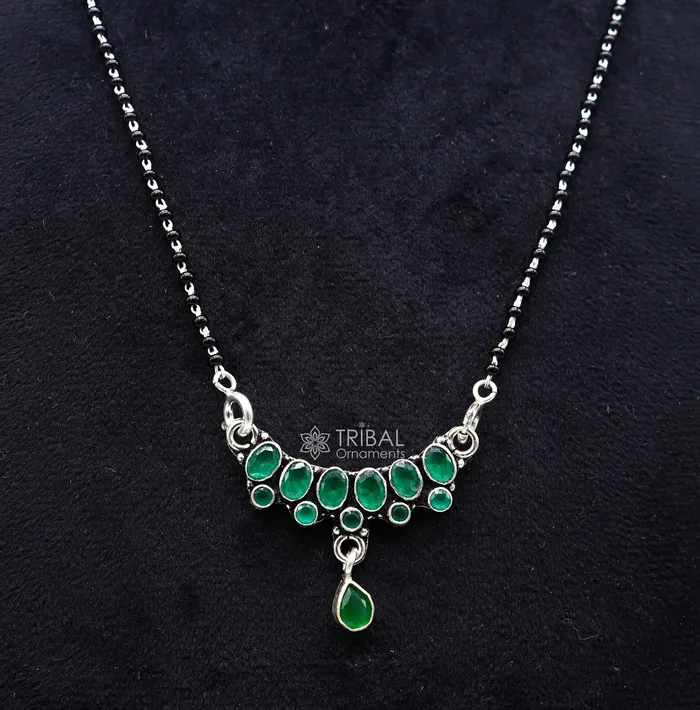 TRIBAL ORNAMENTS Necklaces 925 sterling silver black beads chain mangal sutra necklace for daily use brides Mangalsutra chunky necklace green stone pendant ms52 TRIBAL ORNAMENTS Necklaces 925 sterling silver black beads chain mangal sutra necklace for daily use brides Mangalsutra chunky necklace green stone pendant ms52