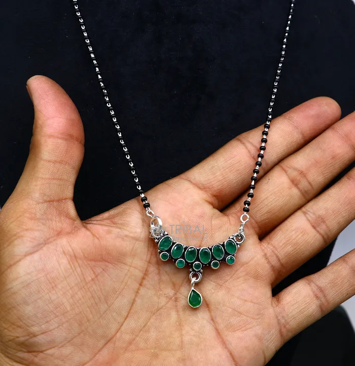TRIBAL ORNAMENTS Necklaces 925 sterling silver black beads chain mangal sutra necklace for daily use brides Mangalsutra chunky necklace green stone pendant ms52 TRIBAL ORNAMENTS Necklaces 925 sterling silver black beads chain mangal sutra necklace for daily use brides Mangalsutra chunky necklace green stone pendant ms52