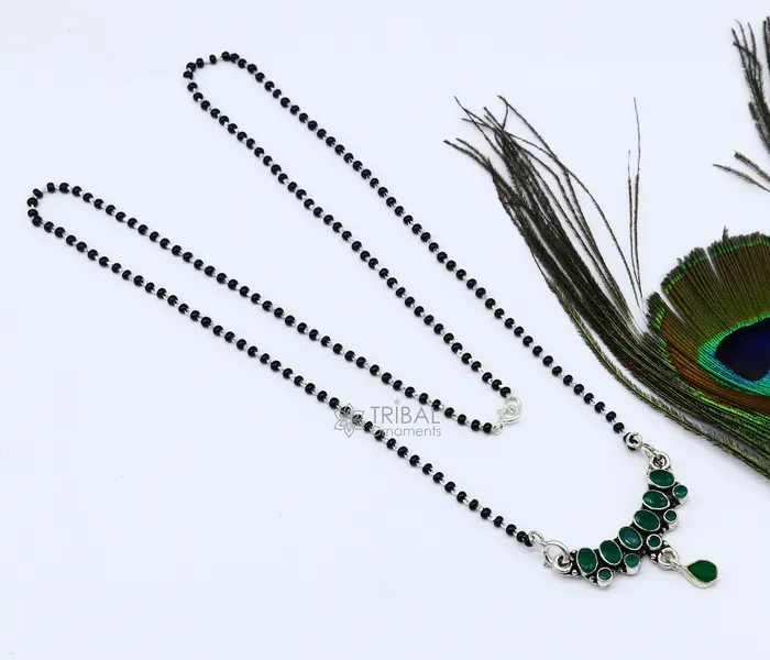 TRIBAL ORNAMENTS Necklaces 925 sterling silver black beads chain mangal sutra necklace for daily use brides Mangalsutra chunky necklace green stone pendant ms52 TRIBAL ORNAMENTS Necklaces 925 sterling silver black beads chain mangal sutra necklace for daily use brides Mangalsutra chunky necklace green stone pendant ms52