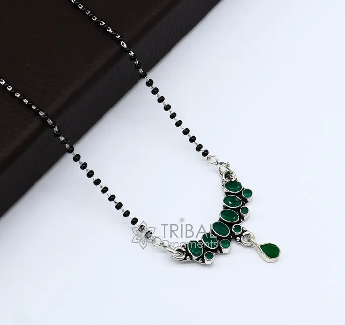 TRIBAL ORNAMENTS Necklaces 925 sterling silver black beads chain mangal sutra necklace for daily use brides Mangalsutra chunky necklace green stone pendant ms52 TRIBAL ORNAMENTS Necklaces 925 sterling silver black beads chain mangal sutra necklace for daily use brides Mangalsutra chunky necklace green stone pendant ms52