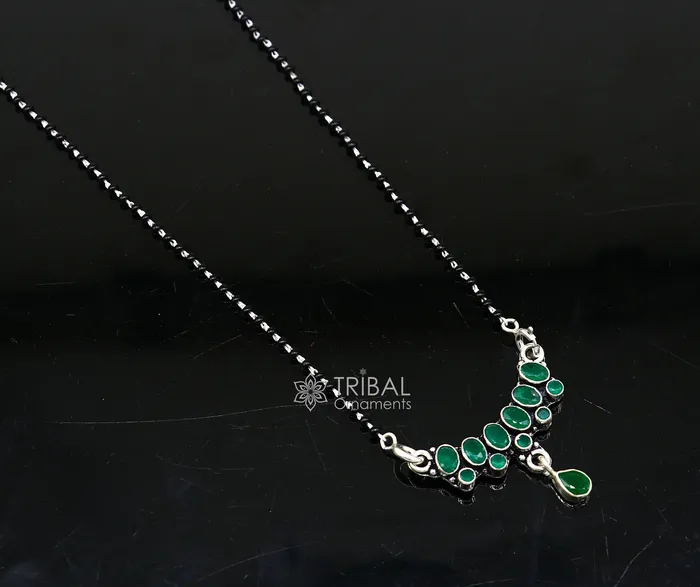 TRIBAL ORNAMENTS Necklaces 925 sterling silver black beads chain mangal sutra necklace for daily use brides Mangalsutra chunky necklace green stone pendant ms52 TRIBAL ORNAMENTS Necklaces 925 sterling silver black beads chain mangal sutra necklace for daily use brides Mangalsutra chunky necklace green stone pendant ms52
