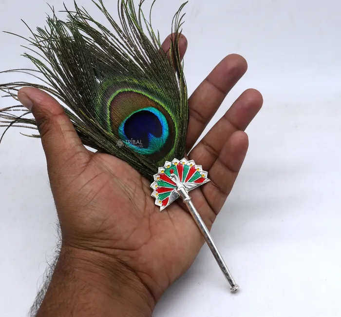 TRIBAL ORNAMENTS Necklaces 925 Sterling silver handmade Mor Chhadi with peacock feather best lord Krishna laddu Gopala giftLalan mor pankhi silver mor chadi su1143