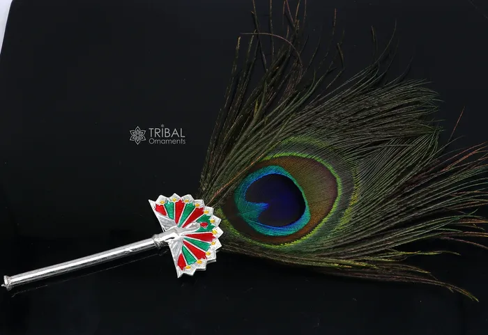 TRIBAL ORNAMENTS Necklaces 925 Sterling silver handmade Mor Chhadi with peacock feather best lord Krishna laddu Gopala giftLalan mor pankhi silver mor chadi su1143