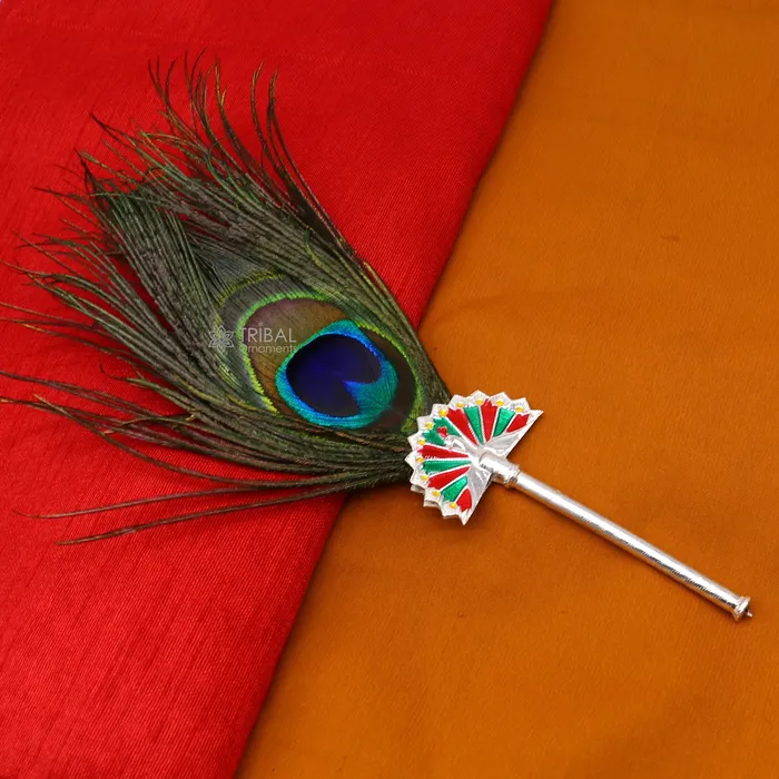 TRIBAL ORNAMENTS Necklaces 925 Sterling silver handmade Mor Chhadi with peacock feather best lord Krishna laddu Gopala giftLalan mor pankhi silver mor chadi su1143