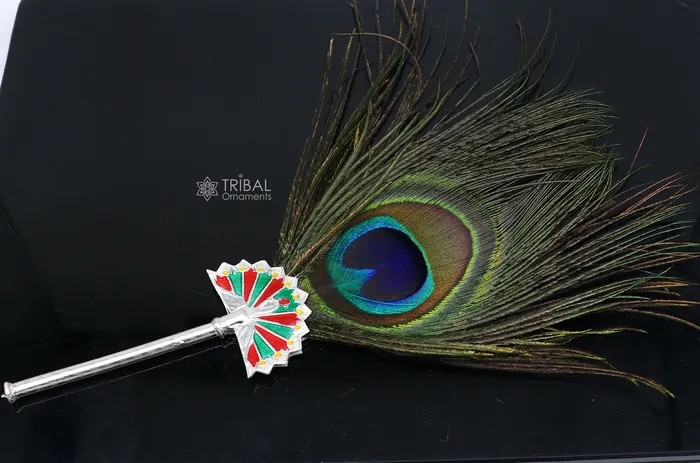 TRIBAL ORNAMENTS Necklaces 925 Sterling silver handmade Mor Chhadi with peacock feather best lord Krishna laddu Gopala giftLalan mor pankhi silver mor chadi su1143
