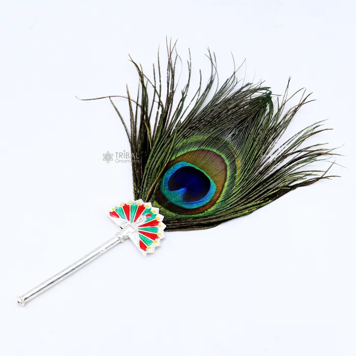 TRIBAL ORNAMENTS Necklaces 925 Sterling silver handmade Mor Chhadi with peacock feather best lord Krishna laddu Gopala giftLalan mor pankhi silver mor chadi su1143