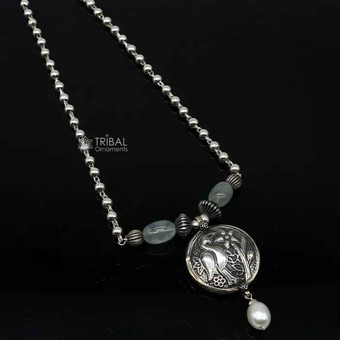 TRIBAL ORNAMENTS Necklaces 925 sterling silver handmade vintage beaded chain necklace amazing peacock pendant with hanging drops ethnic tribal long set jewelry set661