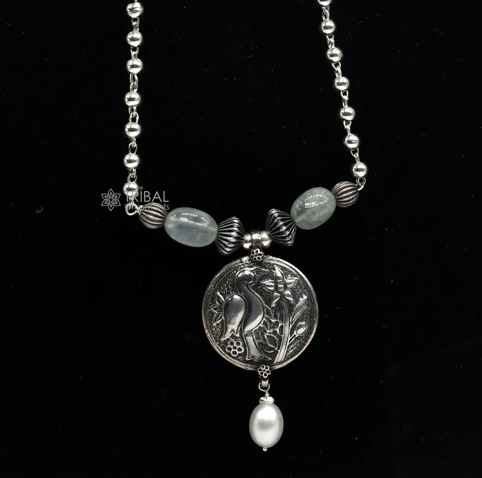 TRIBAL ORNAMENTS Necklaces 925 sterling silver handmade vintage beaded chain necklace amazing peacock pendant with hanging drops ethnic tribal long set jewelry set661