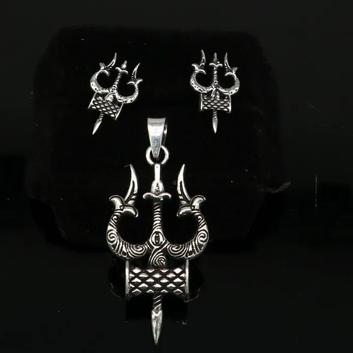 TRIBAL ORNAMENTS Necklaces Idol lord Shiva trident damaru shape 925 sterling silver customized designer pendant with stud gorgeous stylish best gifting pendant ssp359